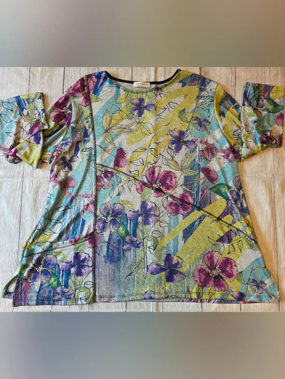 Jess & Jane Size 2X Rebecca 3/4 Sleeve Floral tunic flowy boho pocket Lagenlook